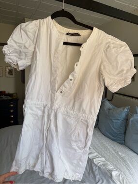 Zara White Short-Sleeve Button Romper